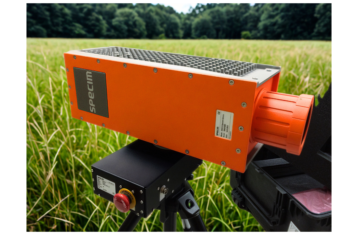 Specim SWIR hyperspectral camera mounted on RS50 rotary scanner stage on tripod in outdoor location