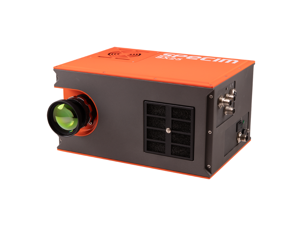 Specim SX25 Hyperspectral SWIR camera, orange and grey with mounted objective lens, front side view