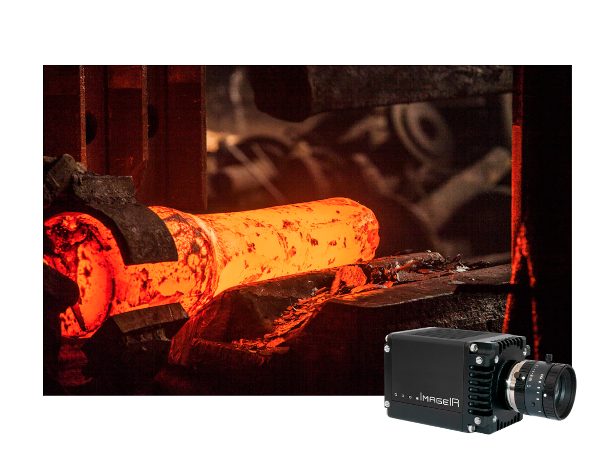 ImageIR 8100 SWIR camera beside an image of hot metal