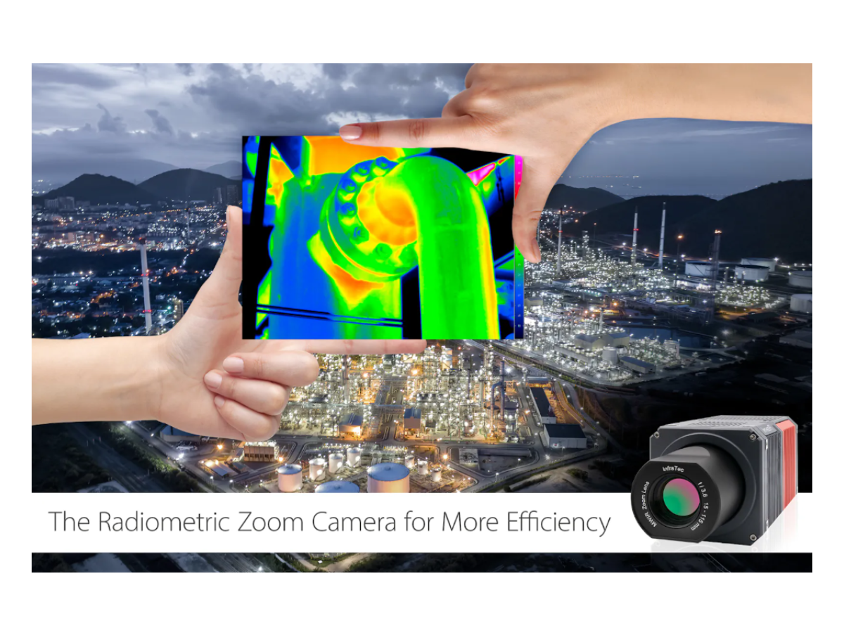 InfraTec ImageIR 6300 Z camera with an industrial image background and a detailed close-up thermal image of a component