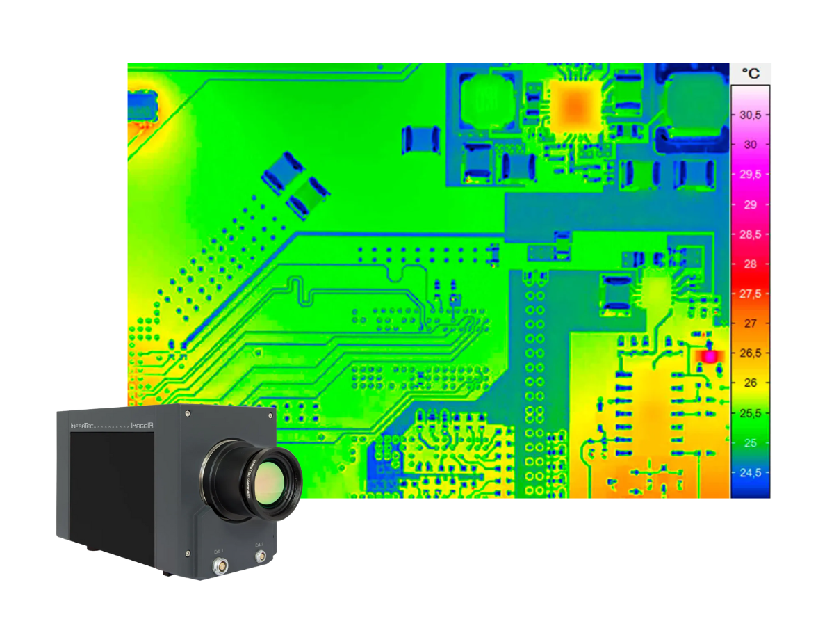 InfraTec ImageIR 7300 camera beside thermal image of an electronics board