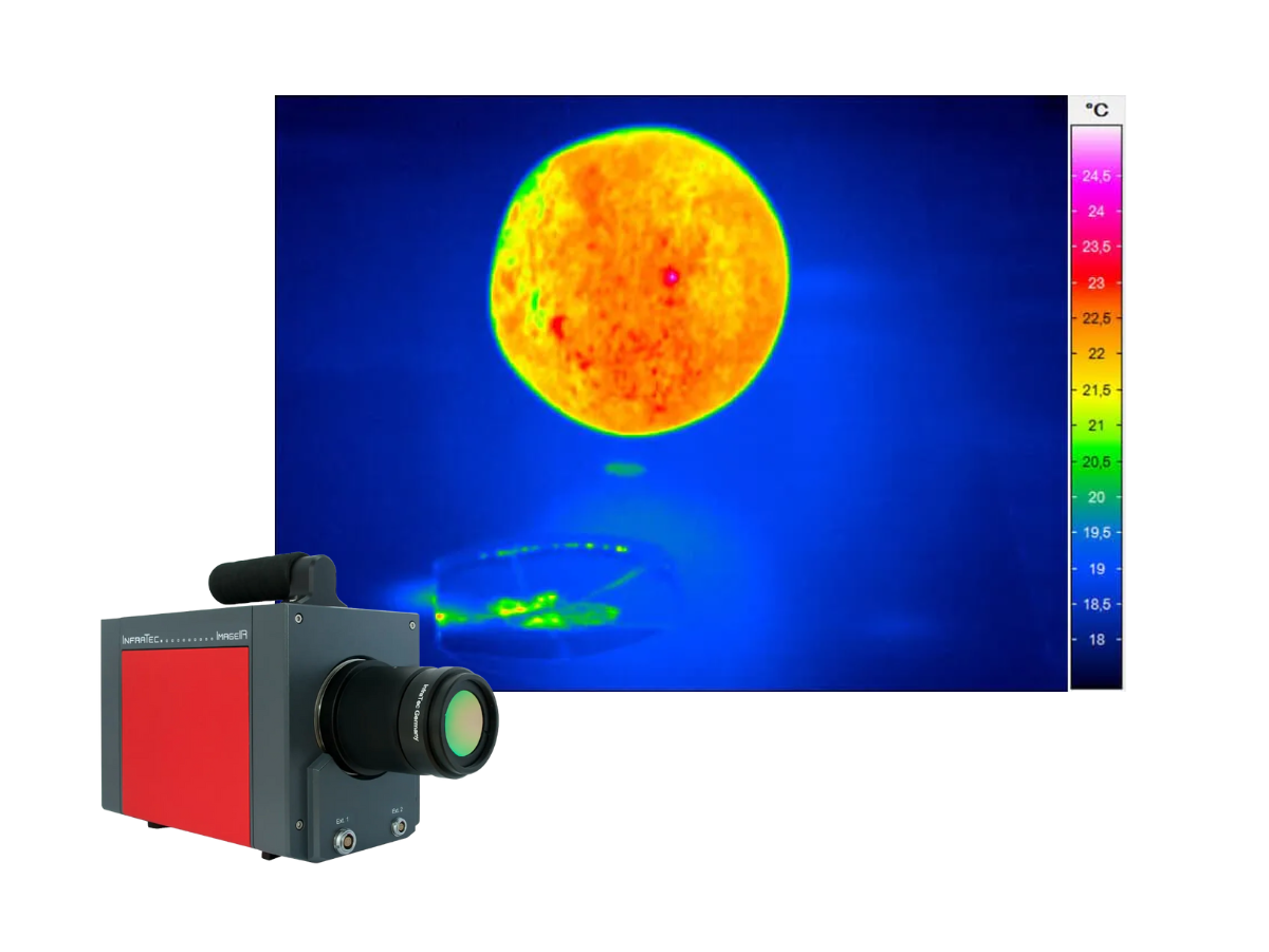 InfraTec ImageIR 8300 hp camera beside thermal image of steel ball hitting surface
