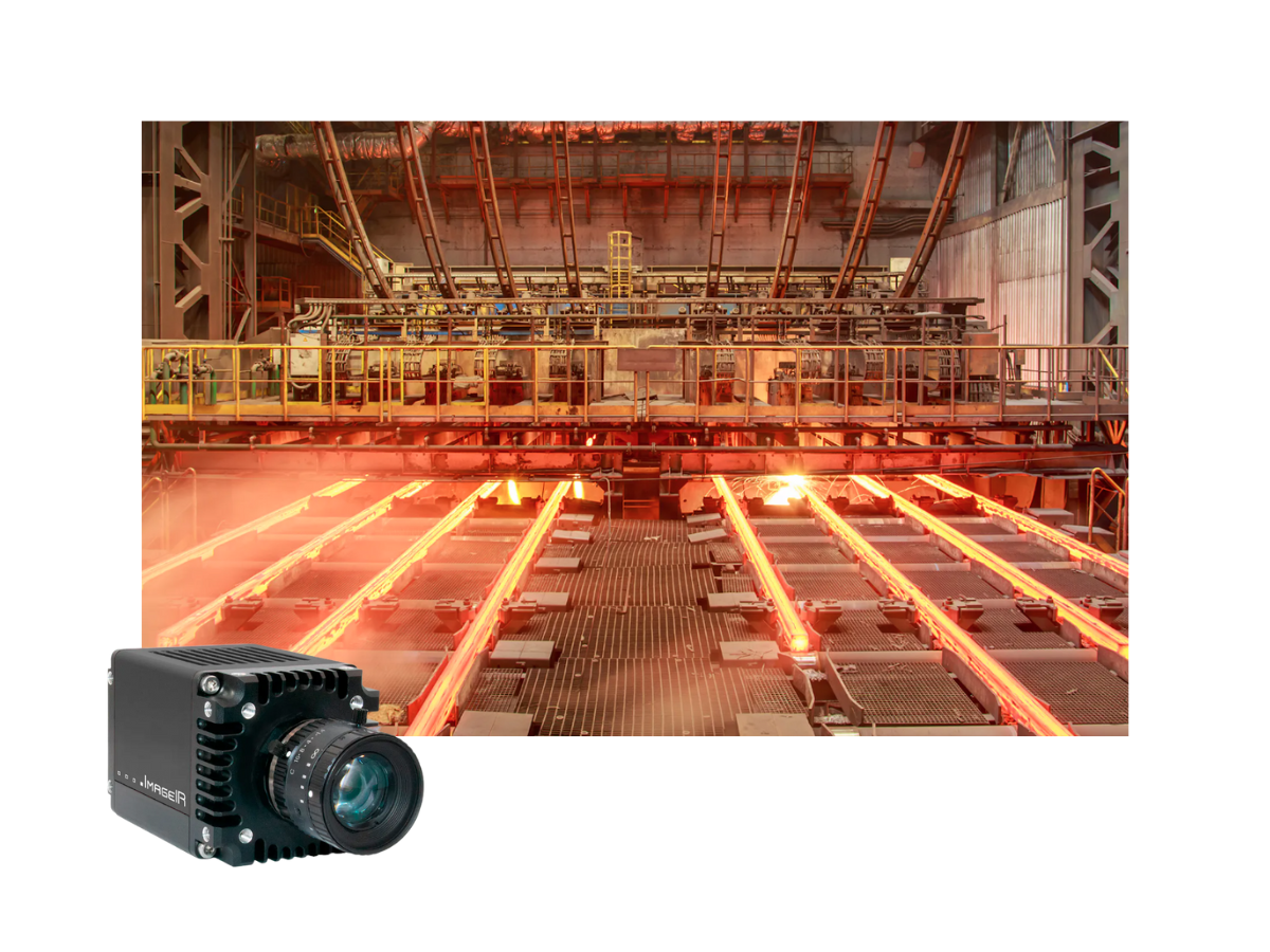 InfraTec ImageIR 9100 camera beside image of heat processes in industrial setting