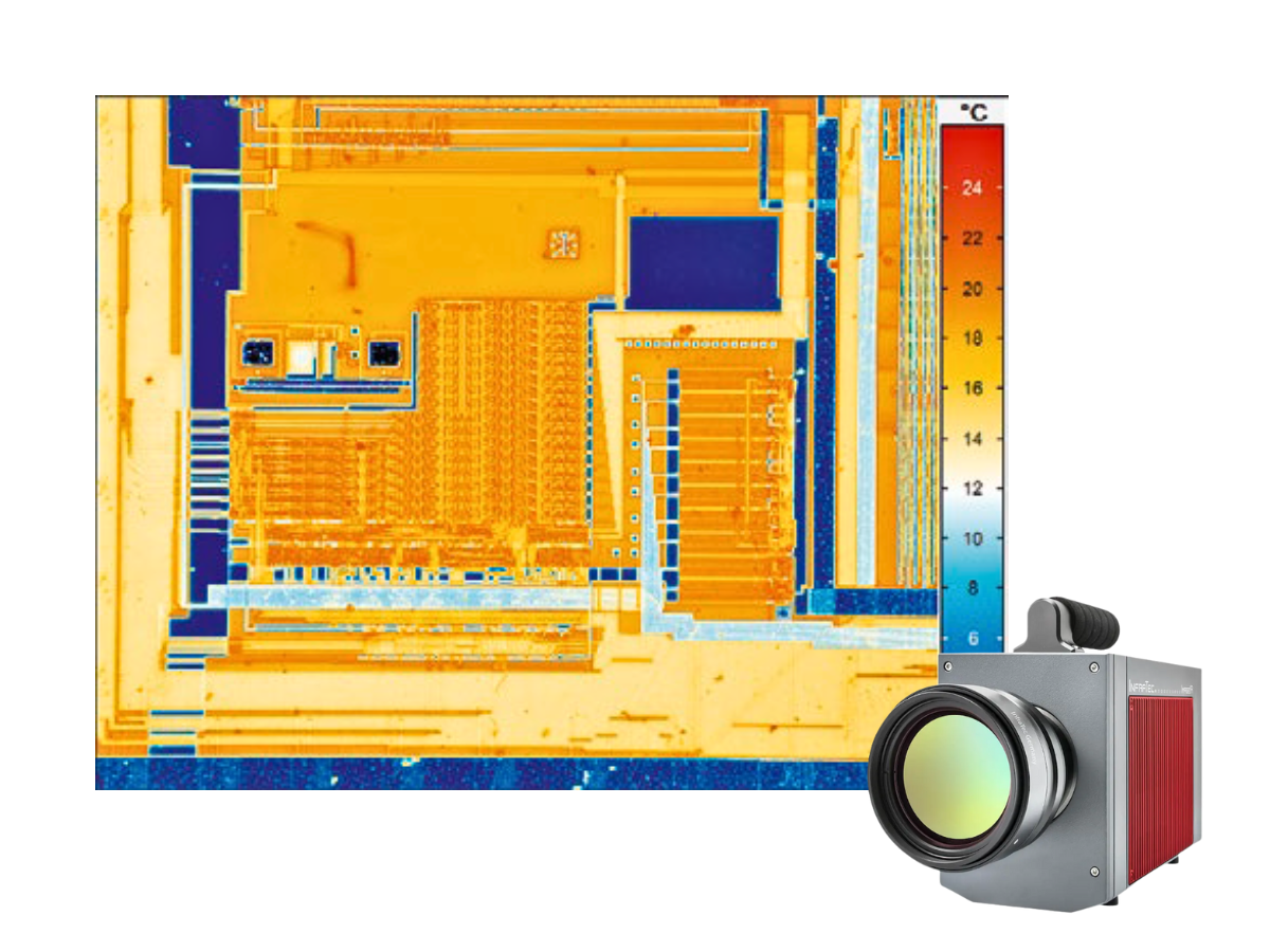 InfraTec ImageIR 9500 camera beside detailed thermal image of electrical circuits