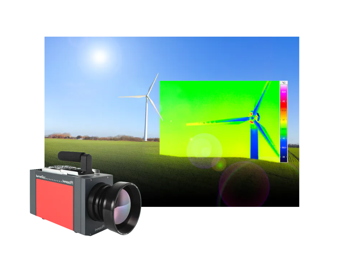 InfraTec ImageIR 9800 camera beside RGB and IR image of windmill