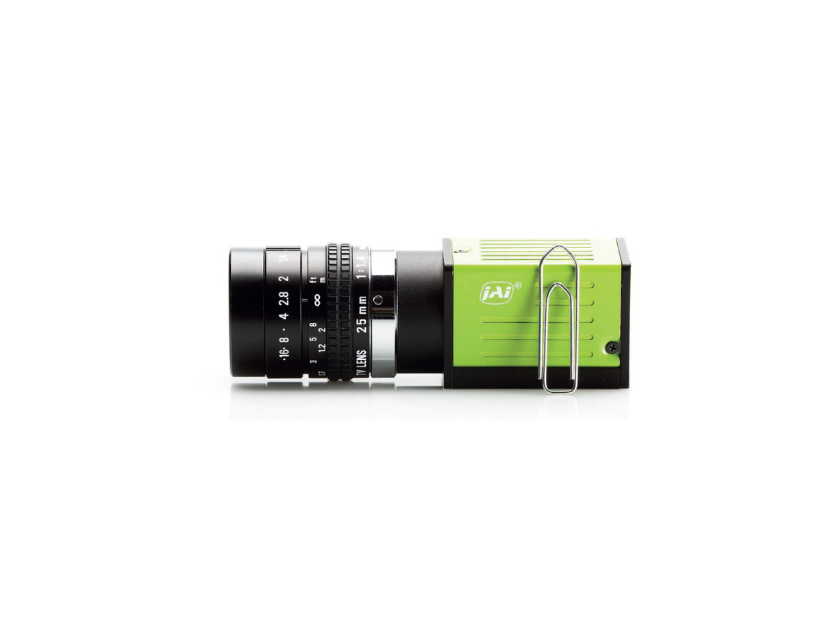 JAI Go series camera side view showing size against a paperclip