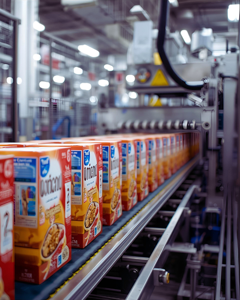 cereal boxes moving on conveyor in production facility